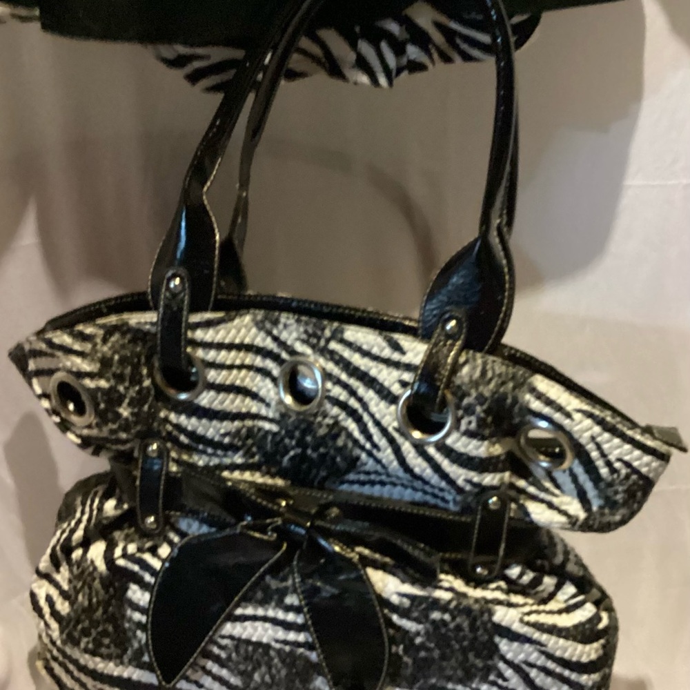 Black & White Zebra-Pattern Tote Bag with Patent Trim